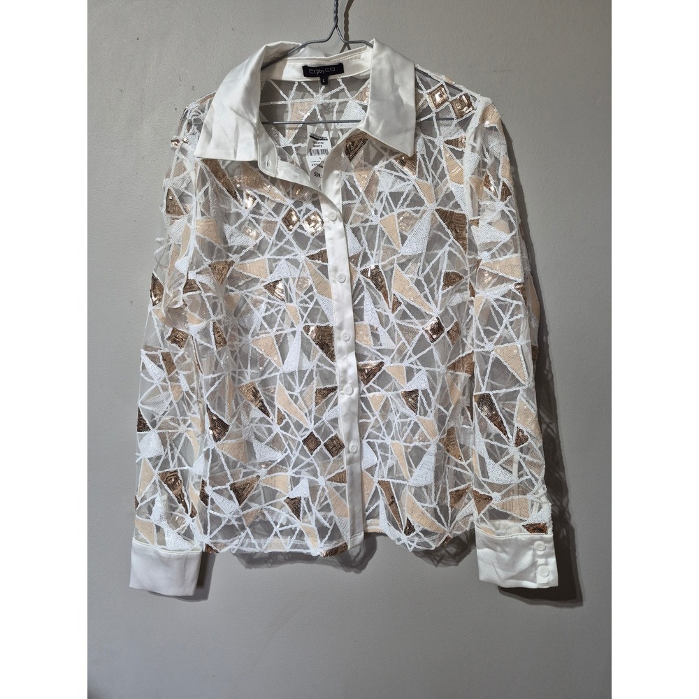 Coby CQ Womens White Gold‎ Sequin Geometric Mesh Button Down Shirt NWT Large